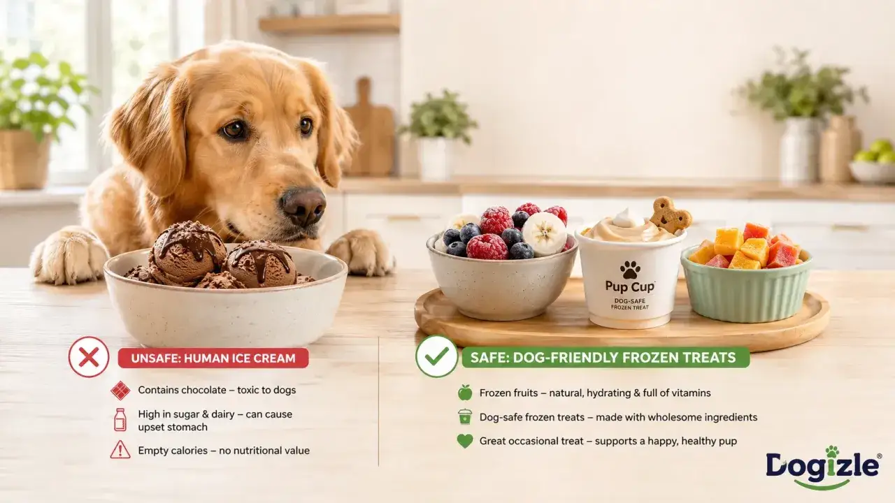 Złoty retriever patrzy na miskę lod&oacute;w czekoladowych, podczas gdy obok znajdują się bezpieczne dla ps&oacute;w mrożone przysmaki. Czy pies może jeść lody? Tylko te specjalne!