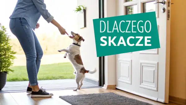 Jak oduczyć psa skakania? Trening z przysmakiem dla energicznego Jack Russell Terriera przy drzwiach.